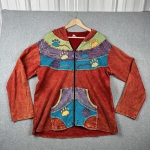 Greater Good Network Hoodie Womens XXL Orange Paw Boho Patchwork Full Zip Artsy